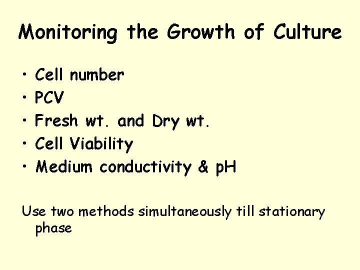 Monitoring the Growth of Culture • • • Cell number PCV Fresh wt. and