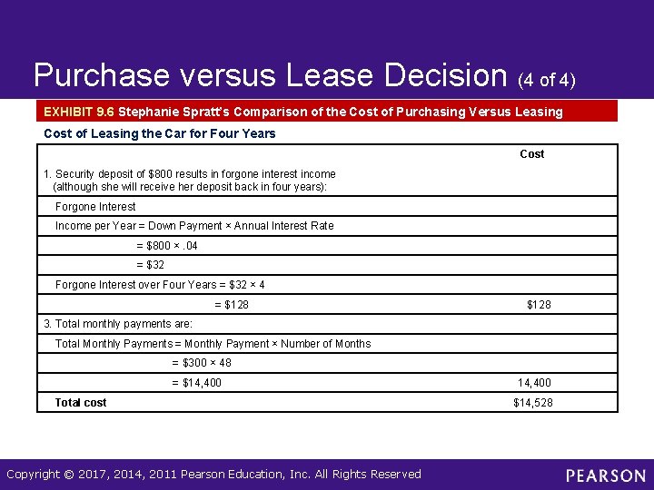 Purchase versus Lease Decision (4 of 4) EXHIBIT 9. 6 Stephanie Spratt’s Comparison of