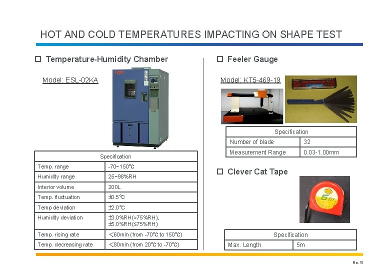 HOT AND COLD TEMPERATURES IMPACTING ON SHAPE TEST p Temperature-Humidity Chamber p Feeler Gauge