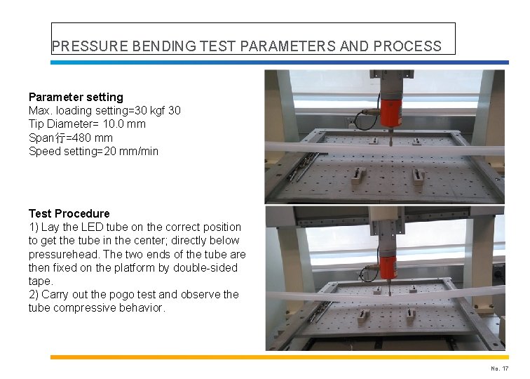 PRESSURE BENDING TEST PARAMETERS AND PROCESS Parameter setting Max. loading setting=30 kgf 30 Tip
