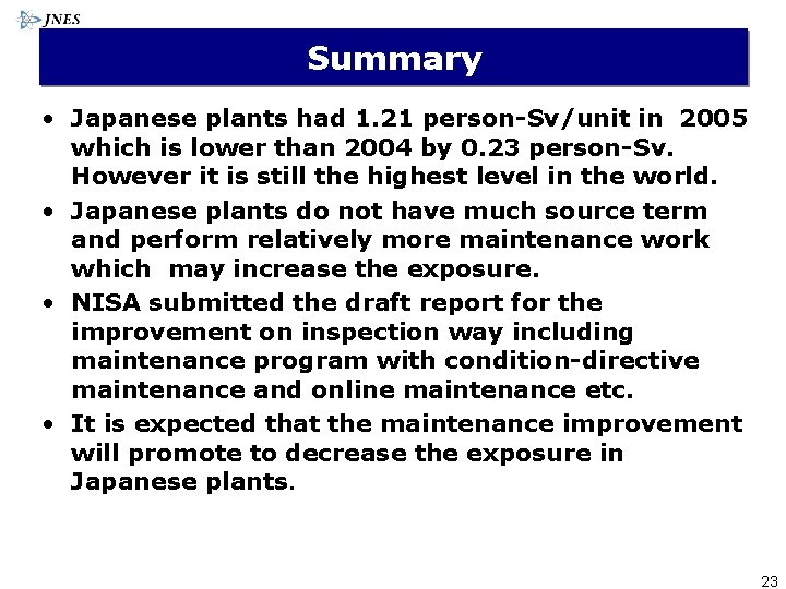 Summary • Japanese plants had 1. 21 person-Sv/unit in 2005 which is lower than