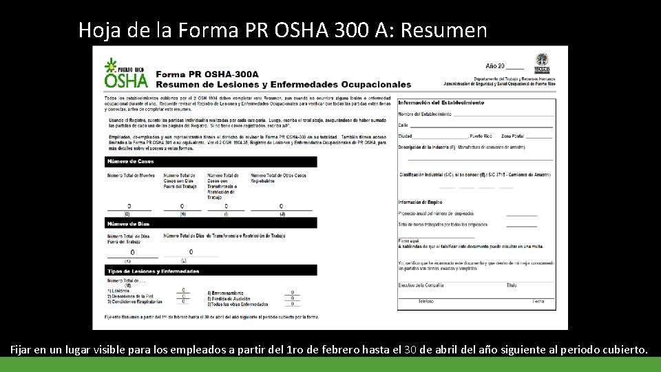 Hoja de la Forma PR OSHA 300 A: Resumen Fijar en un lugar visible