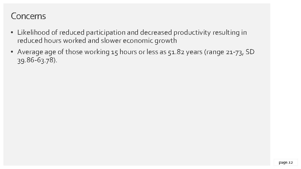 Concerns • Likelihood of reduced participation and decreased productivity resulting in reduced hours worked