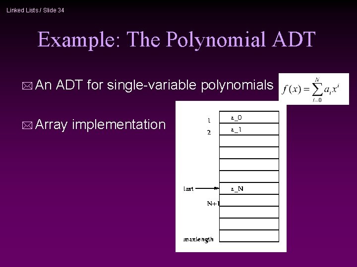 Linked Lists / Slide 34 Example: The Polynomial ADT * An ADT for single-variable