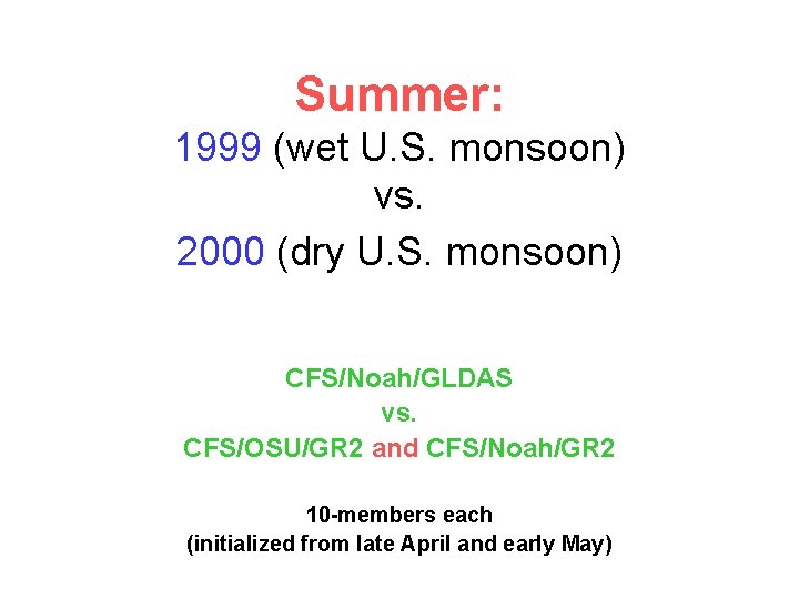Summer: 1999 (wet U. S. monsoon) vs. 2000 (dry U. S. monsoon) CFS/Noah/GLDAS vs.