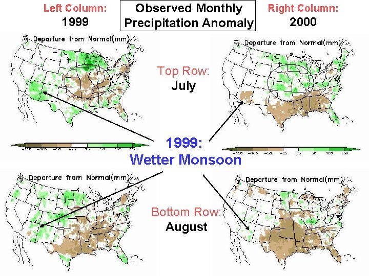 Left Column: 1999 Observed Monthly Precipitation Anomaly Top Row: July 1999: Wetter Monsoon Bottom