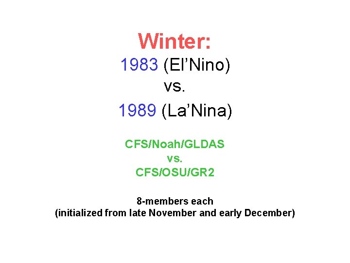 Winter: 1983 (El’Nino) vs. 1989 (La’Nina) CFS/Noah/GLDAS vs. CFS/OSU/GR 2 8 -members each (initialized