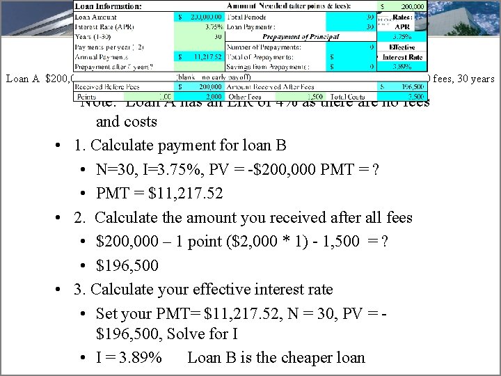 EIR Problem #1 Answers Loan A $200, 000, 4. 0%, no points no fees,