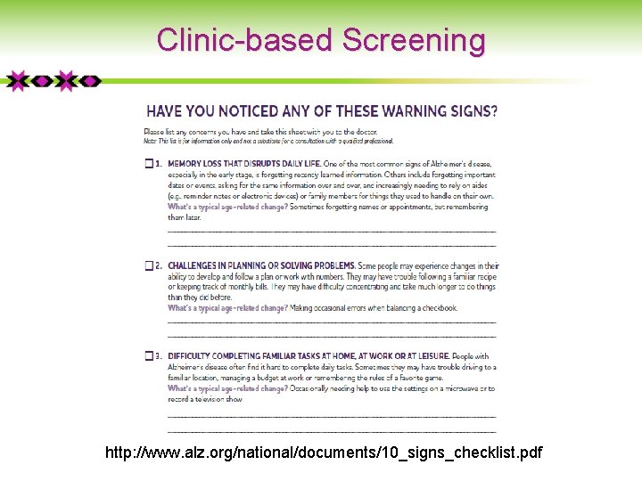 Clinic-based Screening http: //www. alz. org/national/documents/10_signs_checklist. pdf 
