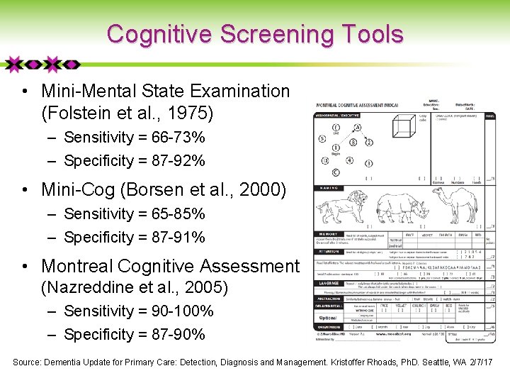 Cognitive Screening Tools • Mini-Mental State Examination (Folstein et al. , 1975) – Sensitivity