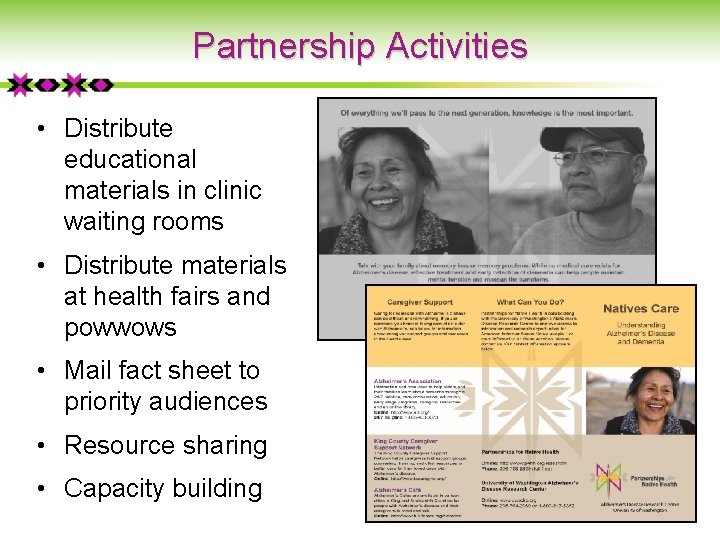 Partnership Activities • Distribute educational materials in clinic waiting rooms • Distribute materials at