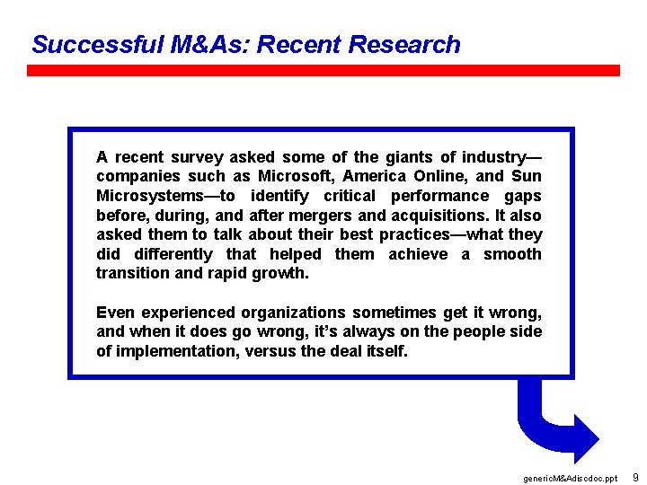 Successful M&As: Recent Research A recent survey asked some of the giants of industry—