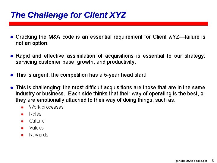 The Challenge for Client XYZ l Cracking the M&A code is an essential requirement