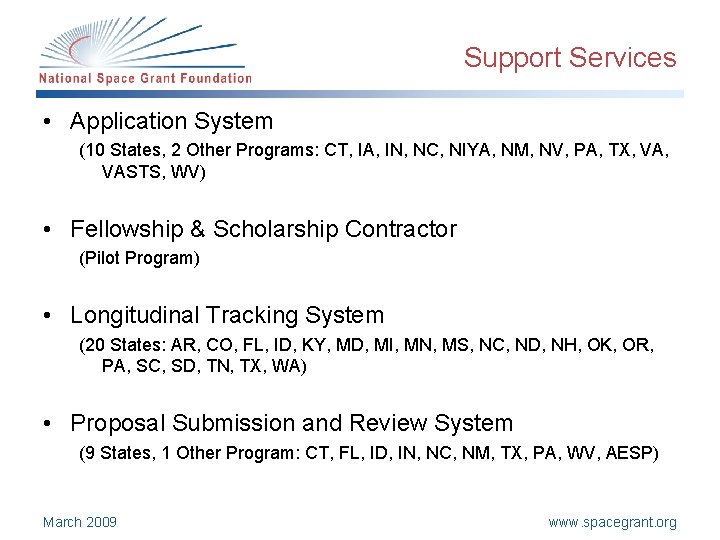 Support Services • Application System (10 States, 2 Other Programs: CT, IA, IN, NC,