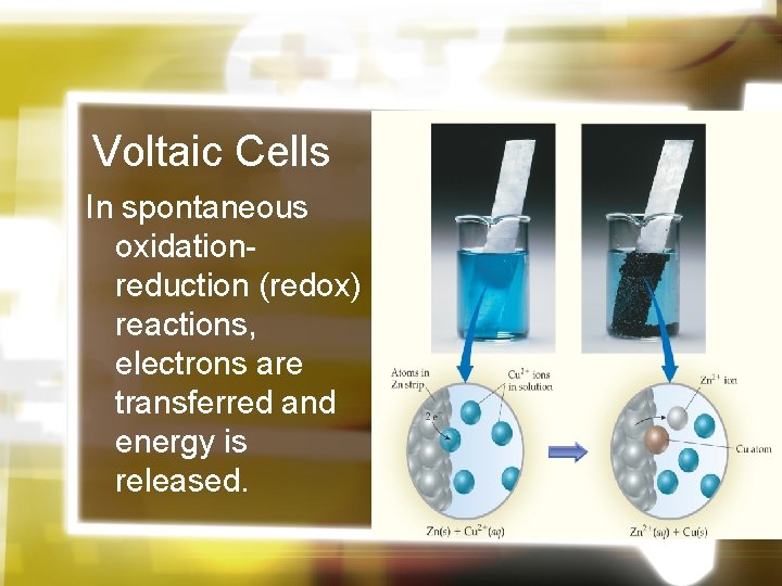 Voltaic Cells In spontaneous oxidationreduction (redox) reactions, electrons are transferred and energy is released.