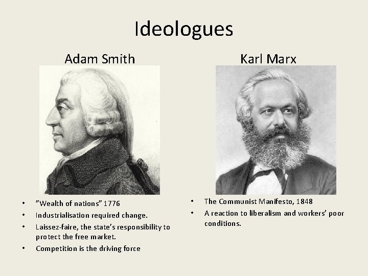 Ideologues Adam Smith • • ”Wealth of nations” 1776 Industrialisation required change. Laissez-faire, the
