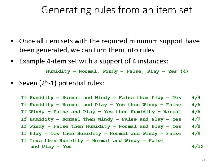 Generating rules from an item set • Once all item sets with the required