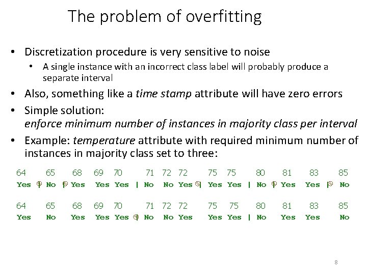 The problem of overfitting • Discretization procedure is very sensitive to noise • A