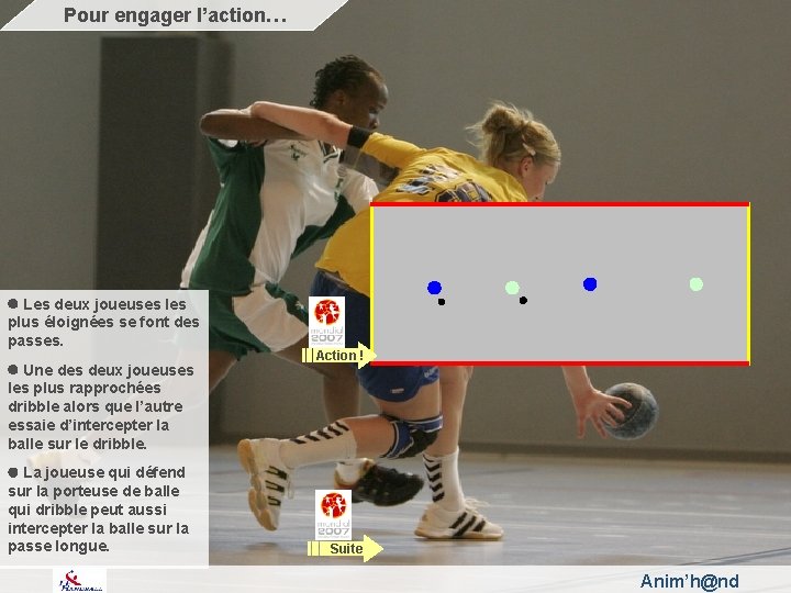 Pour engager l’action… Les deux joueuses les plus éloignées se font des passes. Une
