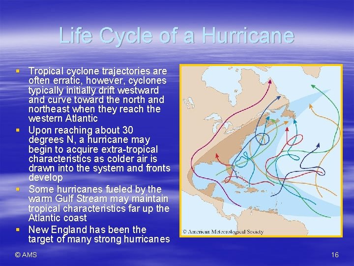 Life Cycle of a Hurricane § Tropical cyclone trajectories are often erratic, however, cyclones