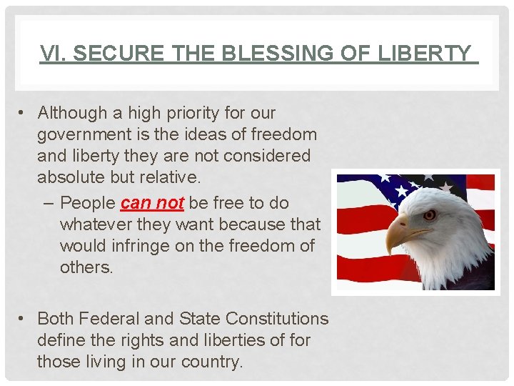 VI. SECURE THE BLESSING OF LIBERTY • Although a high priority for our government