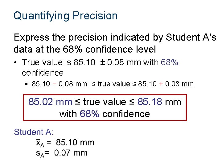 Quantifying Precision Express the precision indicated by Student A’s data at the 68% confidence