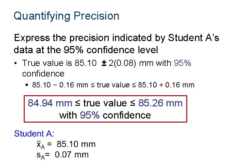 Quantifying Precision Express the precision indicated by Student A’s data at the 95% confidence