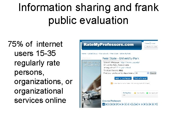 Information sharing and frank public evaluation 75% of internet users 15 -35 regularly rate