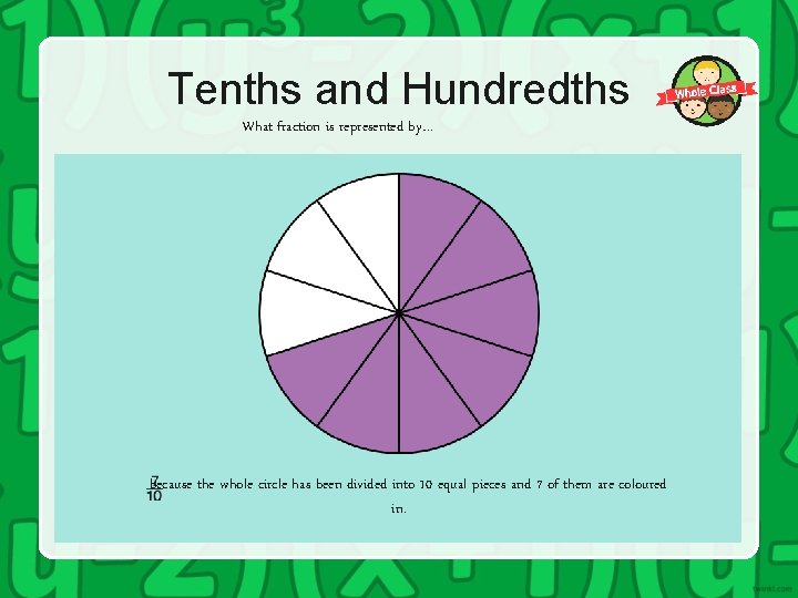 Tenths and Hundredths What fraction is represented by… because the whole circle has been