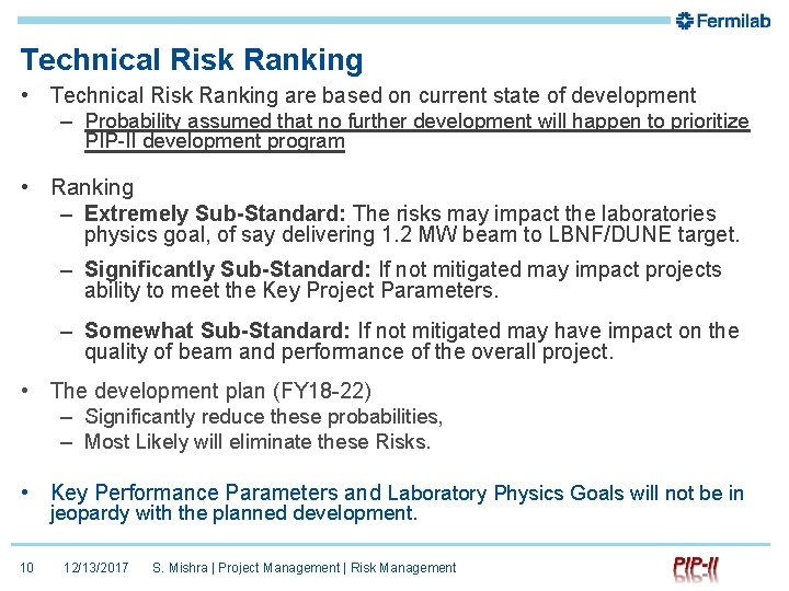 Project Risk Ranking Reference Risk Management Project Management Shekhar Mishra PIPII DOE