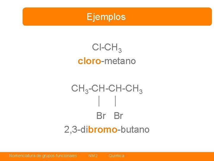 Ejemplos Cl-CH 3 cloro-metano CH 3 -CH-CH-CH 3 Br Br 2, 3 -dibromo-butano Nomenclatura