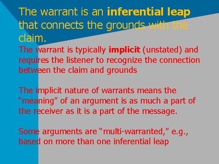 The warrant is an inferential leap that connects the grounds with the claim. The