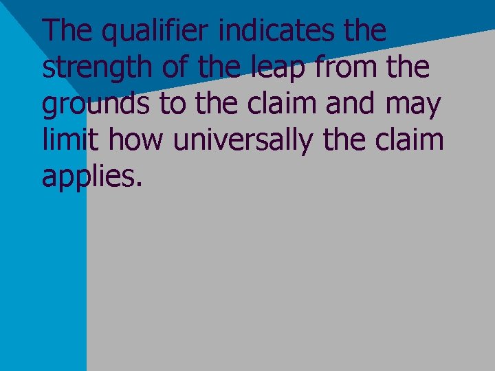 The qualifier indicates the strength of the leap from the grounds to the claim