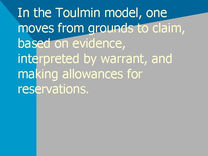 In the Toulmin model, one moves from grounds to claim, based on evidence, interpreted