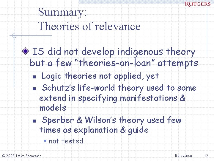 Summary: Theories of relevance IS did not develop indigenous theory but a few “theories-on-loan”