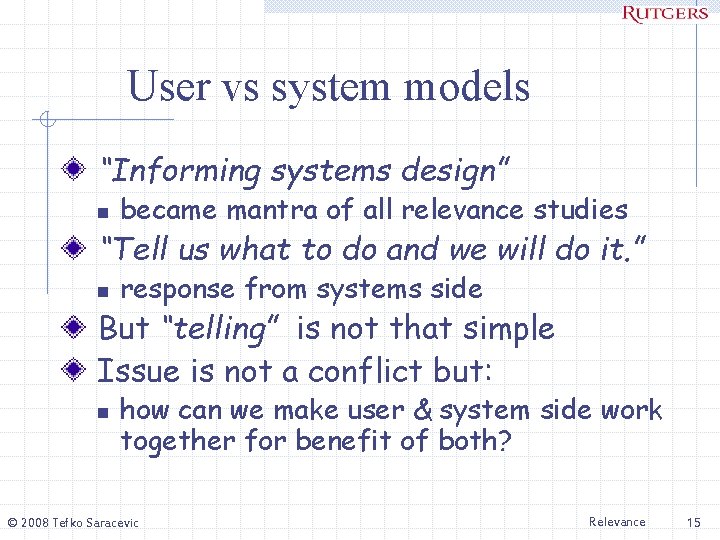 User vs system models “Informing systems design” n became mantra of all relevance studies