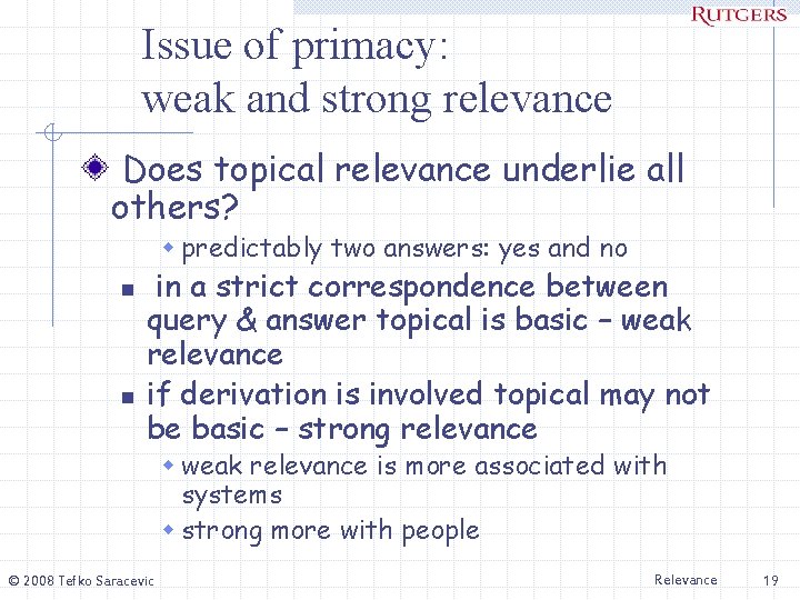 Issue of primacy: weak and strong relevance Does topical relevance underlie all others? w