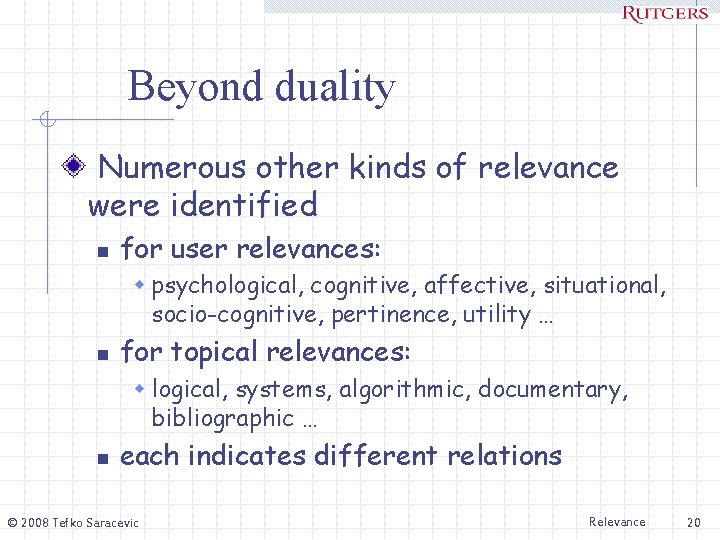 Beyond duality Numerous other kinds of relevance were identified n for user relevances: w