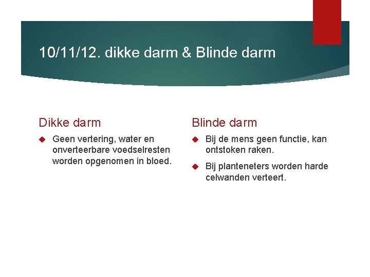 10/11/12. dikke darm & Blinde darm Dikke darm Geen vertering, water en onverteerbare voedselresten