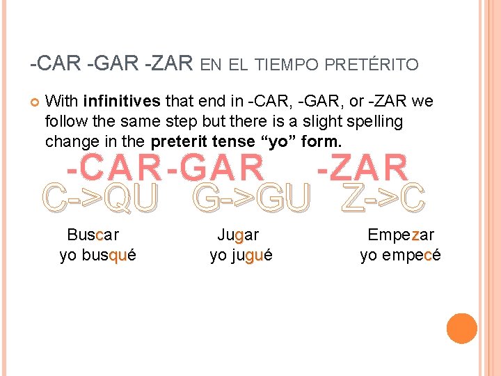 -CAR -GAR -ZAR EN EL TIEMPO PRETÉRITO With infinitives that end in -CAR, -GAR,
