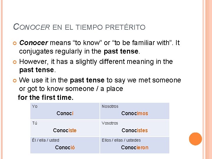 CONOCER EN EL TIEMPO PRETÉRITO Conocer means “to know” or “to be familiar with”.