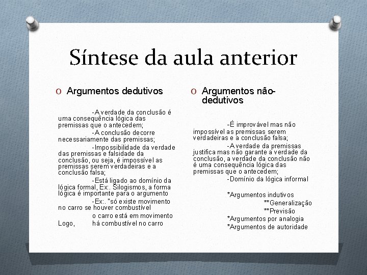 Síntese da aula anterior O Argumentos dedutivos -A verdade da conclusão é uma consequência