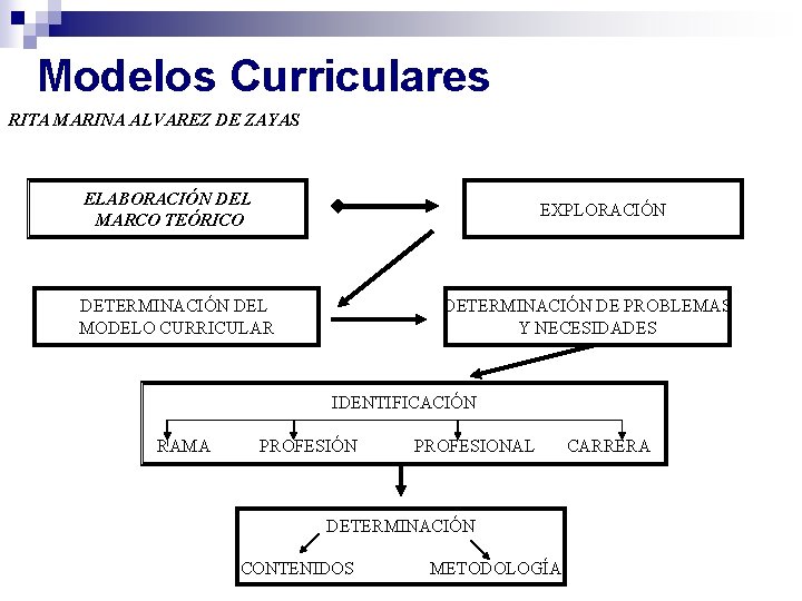 Modelos Curriculares RITA MARINA ALVAREZ DE ZAYAS ELABORACIÓN DEL MARCO TEÓRICO EXPLORACIÓN DETERMINACIÓN DEL