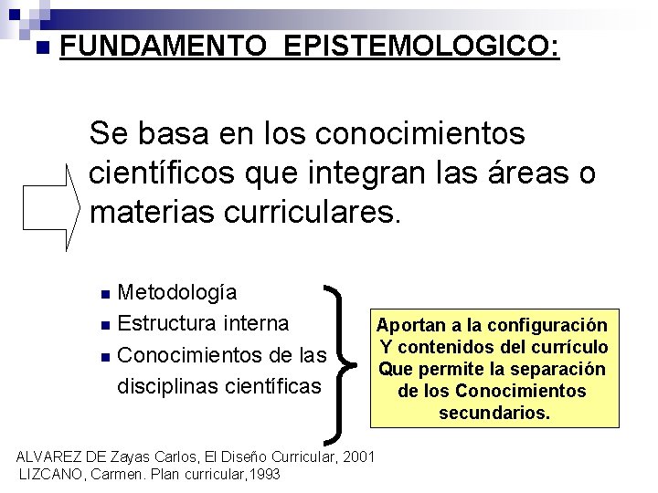 n FUNDAMENTO EPISTEMOLOGICO: Se basa en los conocimientos científicos que integran las áreas o