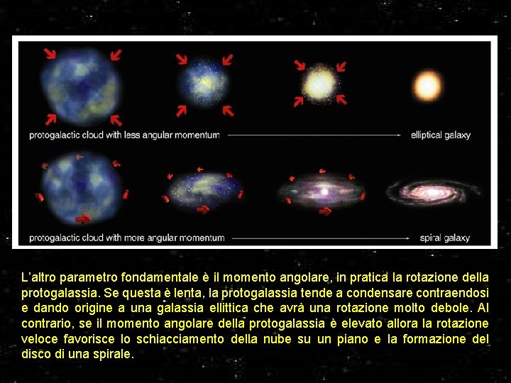 L’altro parametro fondamentale è il momento angolare, in pratica la rotazione della protogalassia. Se