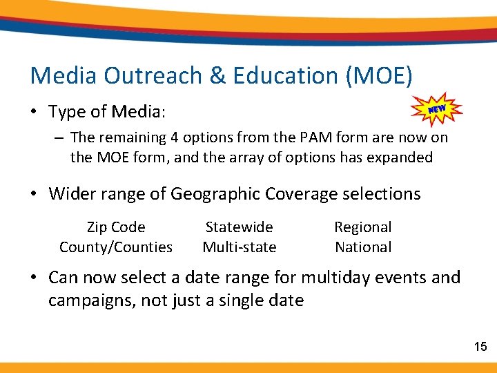 Media Outreach & Education (MOE) • Type of Media: – The remaining 4 options