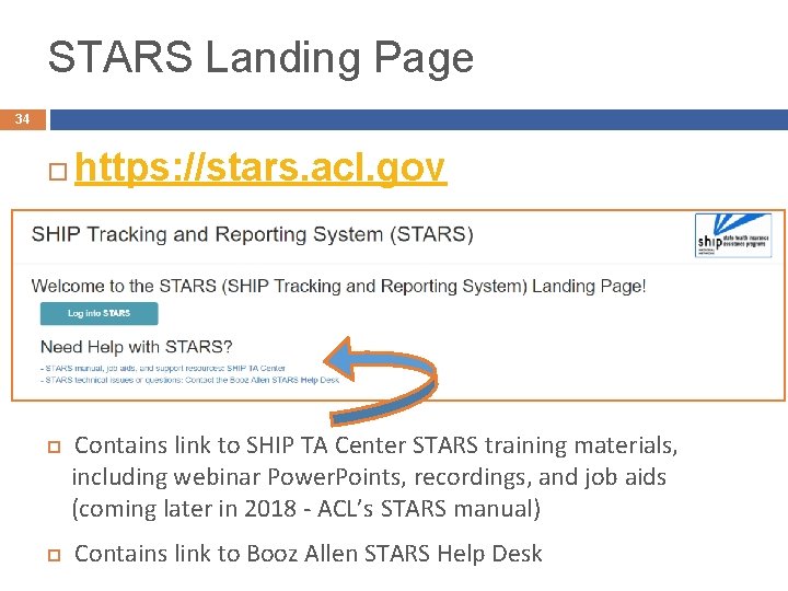 STARS Landing Page 34 https: //stars. acl. gov Contains link to SHIP TA Center