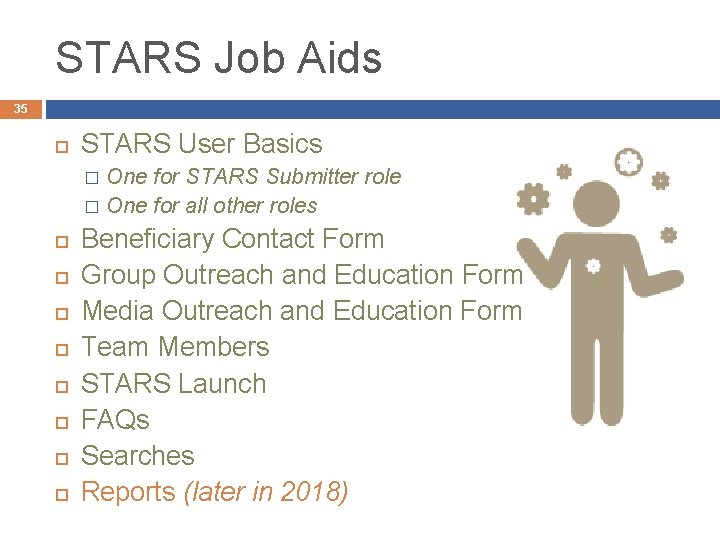 STARS Job Aids 35 STARS User Basics One for STARS Submitter role � One
