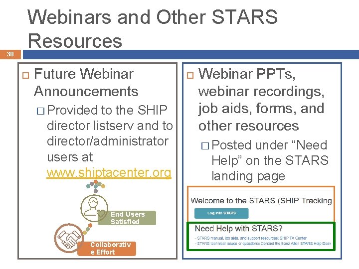 38 Webinars and Other STARS Resources Future Webinar Announcements � Provided to the SHIP