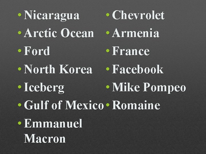  • Chevrolet • Nicaragua • Arctic Ocean • Armenia • France • Ford